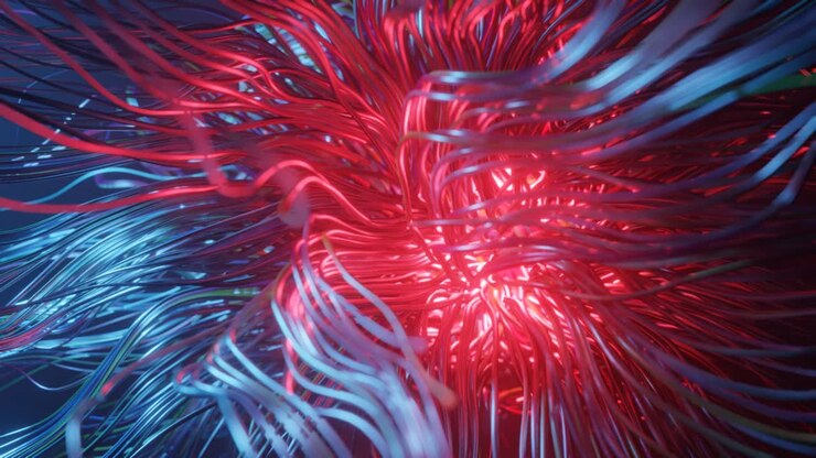 live curls underwater like fur, multi-colored threads or hair. Mist and DOF bokeh effects. Mysterious background with live curved lines, close-up. 4k seamless looped bg. Volumetric lights