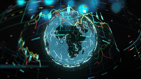 animation of financial data processing over globe on black background