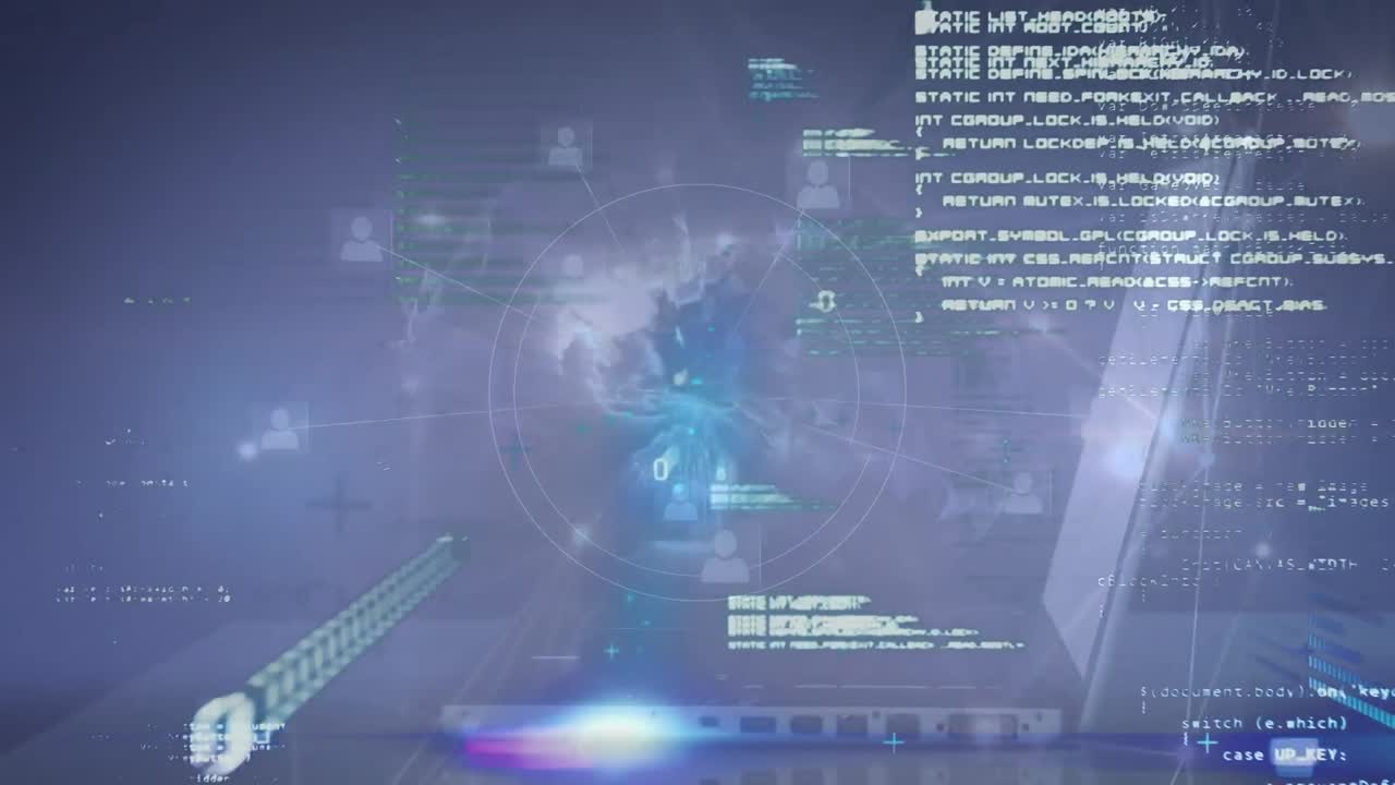 파란색 배경에 노트북으로 연결 네트워크와 데이터 처리의 애니메이션