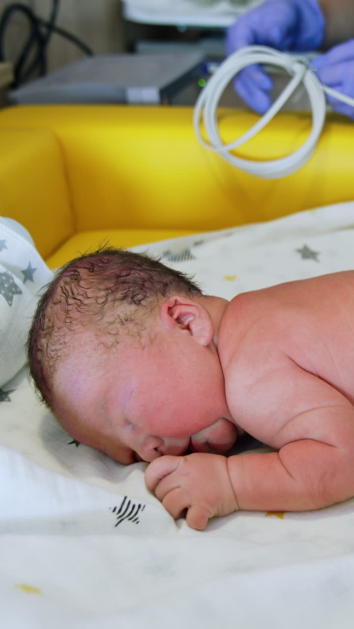 Naked newborn kid lies on the belly. Neonatologist uses stethoscope to examine health of a baby. Vertical video