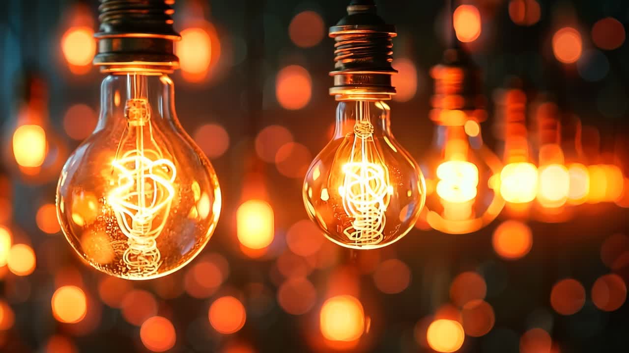 불빛의 줄에서 매달린 전구 그룹