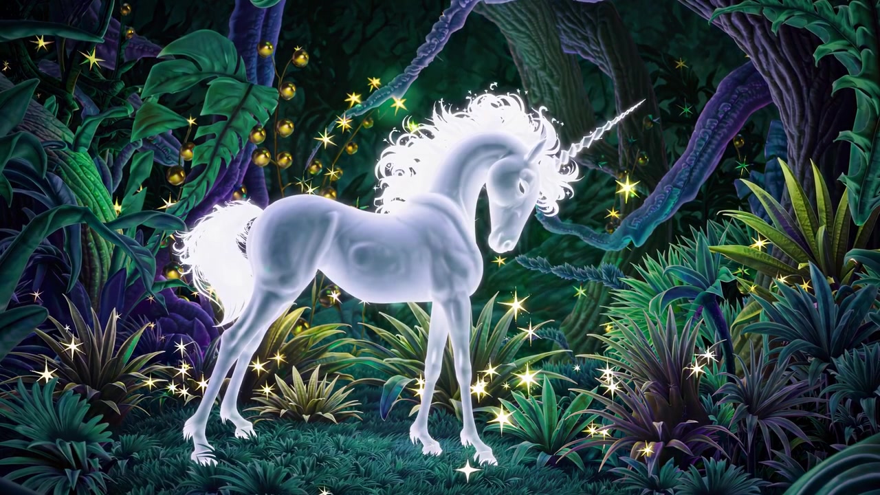 Unicornio mágico resplandeciente en un vibrante bosque encantado.