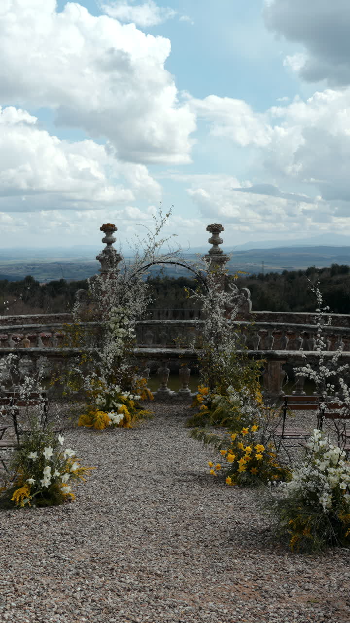 Wedding Arch with Floral Decorations on Balcony