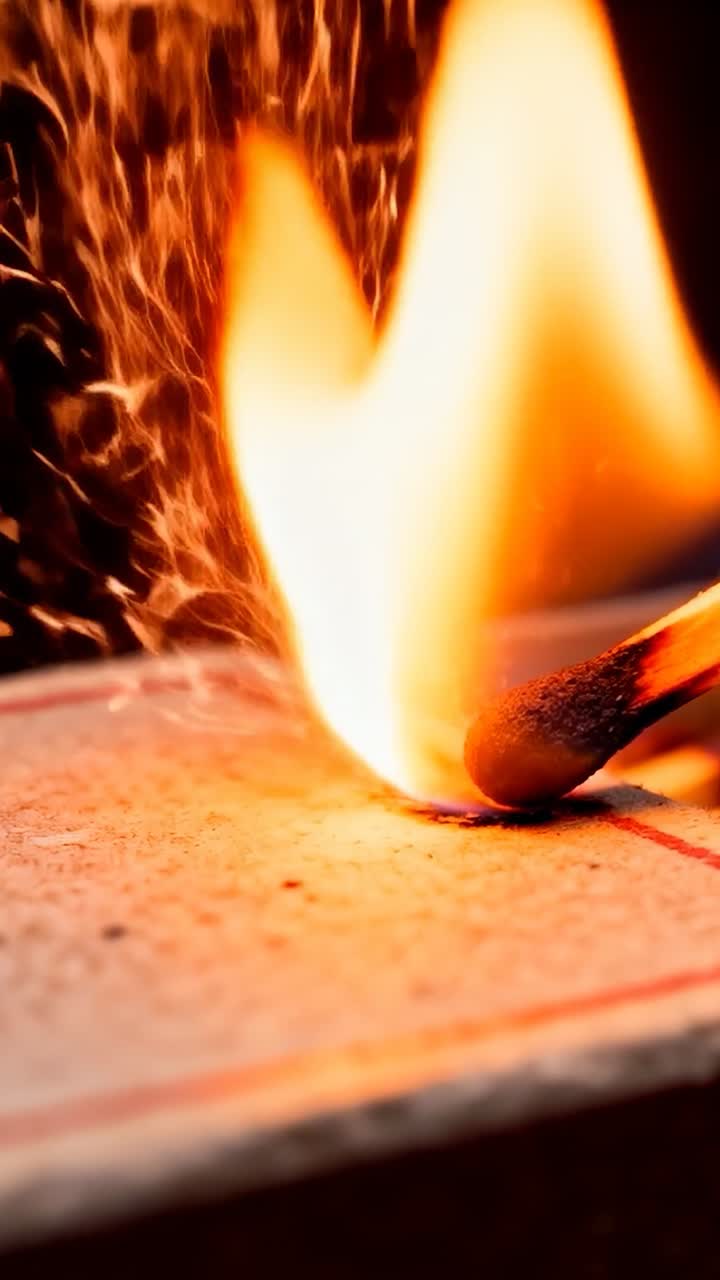 Vertical video: Striking match head creating sparks on matchbox striker, igniting flame for light