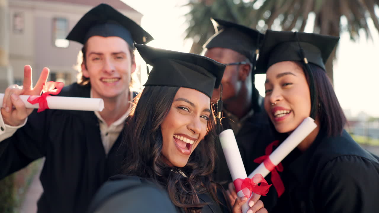 grupo feliz, selfie y graduación