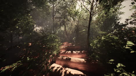 camino de la selva: una representación en 3d de una pasarela de bosque brumoso
