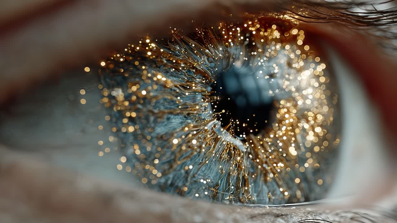 Extreme close up of a blue human eye with sparkling golden glitter particles moving across the iris and eyelashes, creating a magical, artistic, and futuristic visual concept of beauty and vision