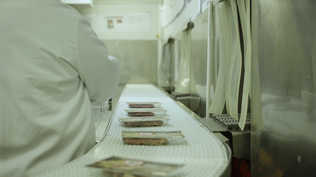 Sealed meat packs travel along a curved conveyor beside a worker in a clean industrial packing line.