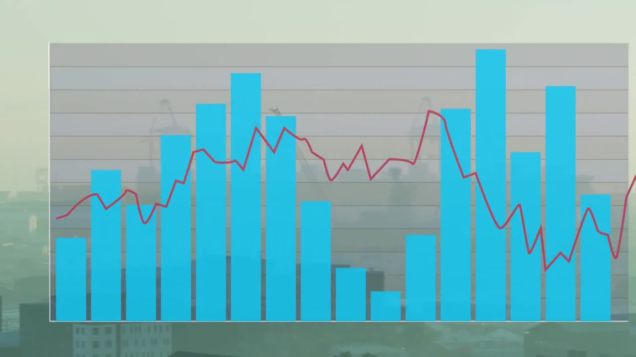 animación de múltiples gráficos sobre vista aérea de grúas y edificios al atardecer