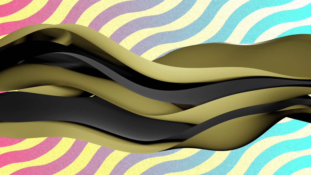 Animation of gold to black layers waving over multi coloured background