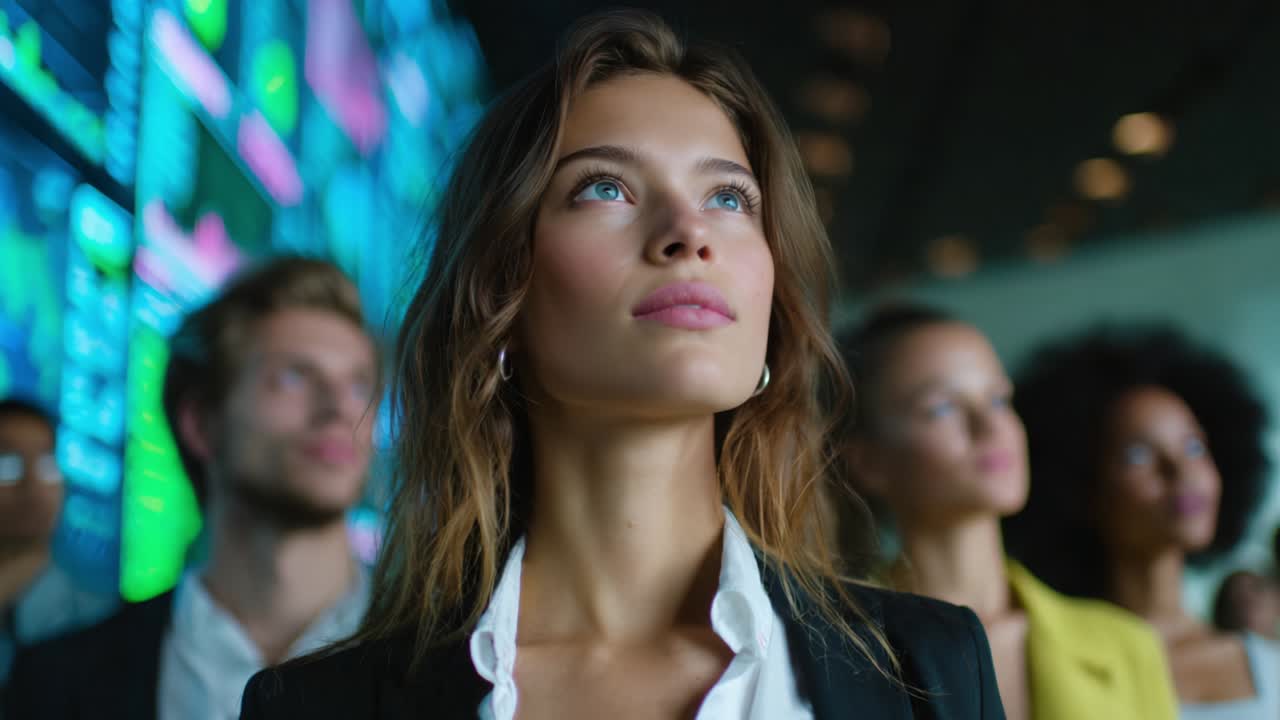 Group of diverse young adults looking up at technology