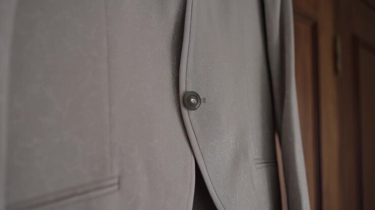 Primo piano del bottone e della tasca frontale di una giacca da completo beige su tessuto sartoriale.