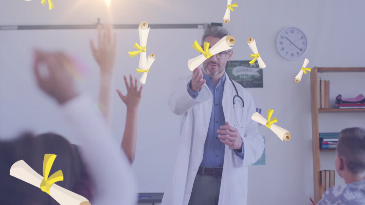 Doctor in classroom teaching children with diploma scrolls animation over scene