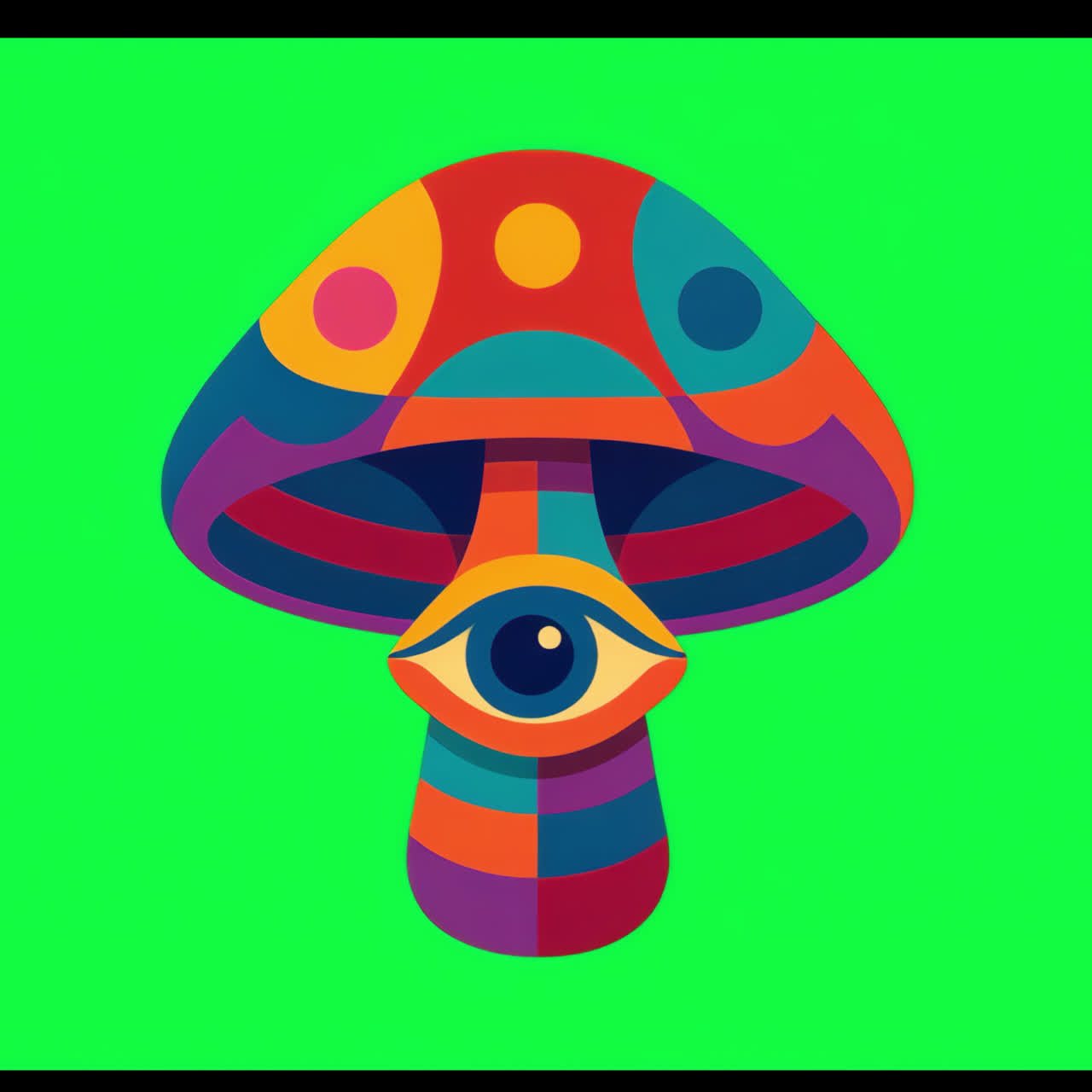 Colorful psychedelic mushroom illustration animation isolated asset, transparent 4K video, alpha