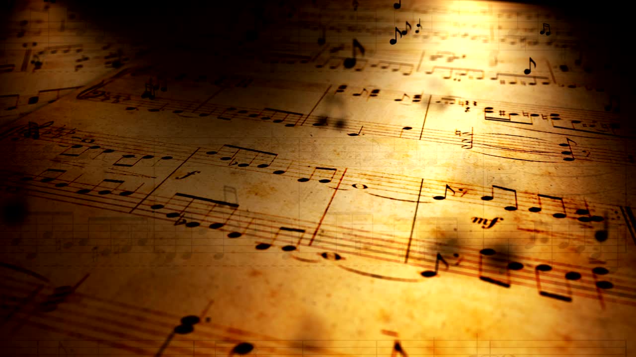 Atmospheric music background with notes on old brown paper