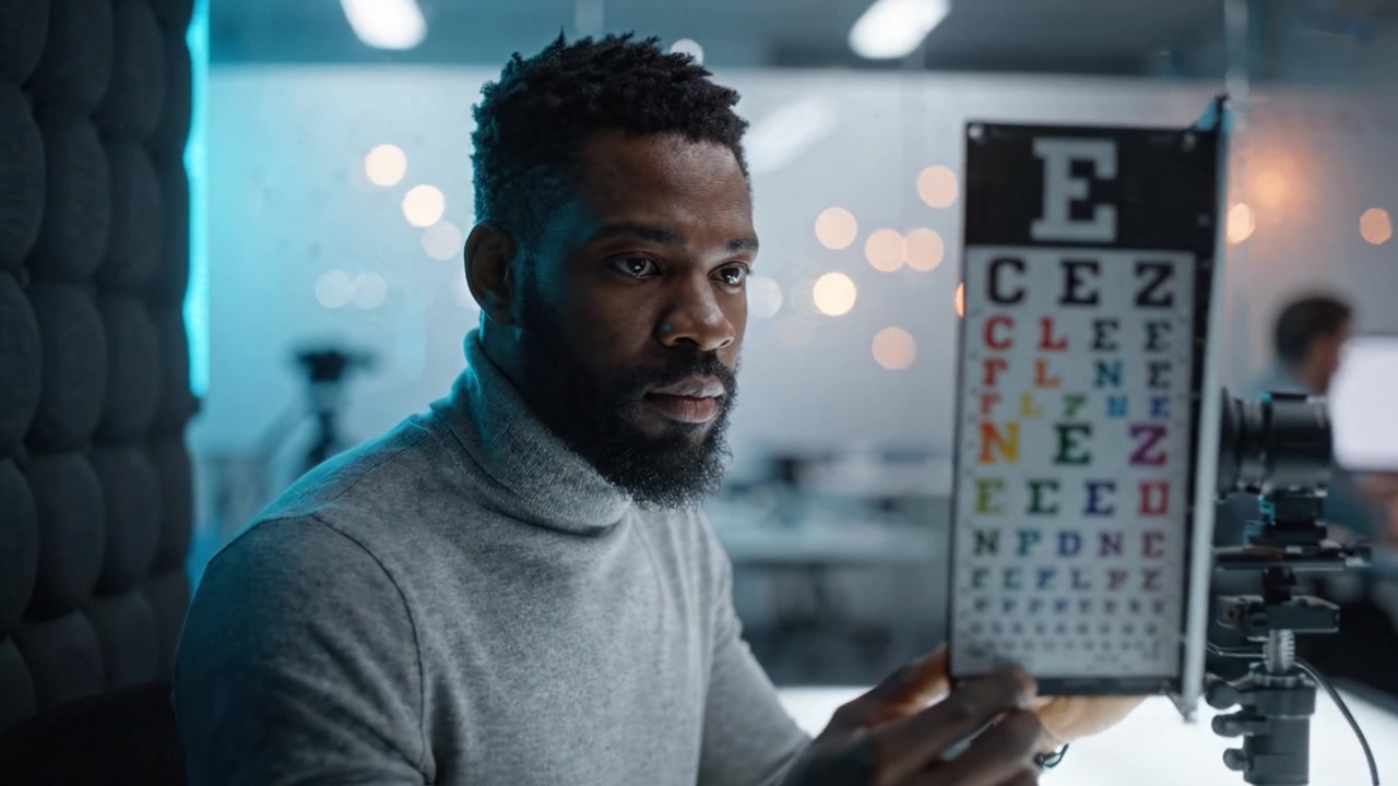 A man conducts an eye examination while holding a vision chart, showcasing concentration and professionalism in a modern office environment with blurred lights.