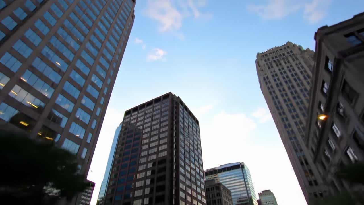 A Glimpse of Urban Architecture: Capturing the Majestic Skyscrapers Against a Blue Sky in a Vibrant Cityscape at Dusk