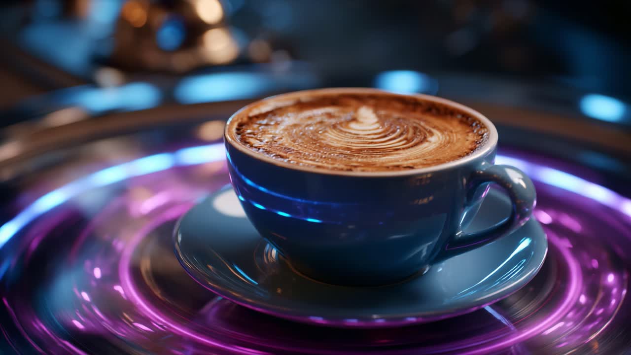 Captivating Coffee Art: A Close-Up View of a Beautifully Swirled Cup of Coffee with Rich Foam and a Stylish Plate Setting, Perfect for Coffee Lovers and Aficionados