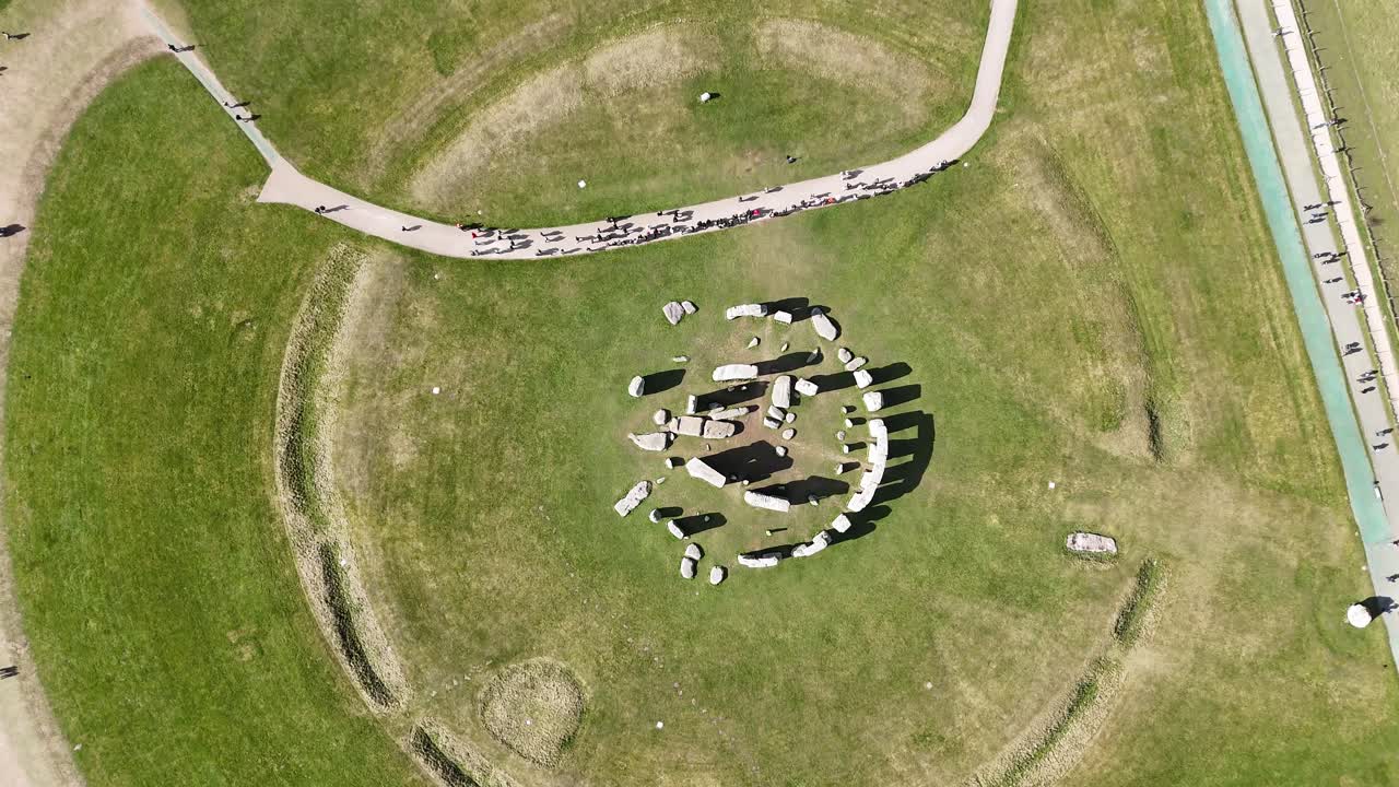 Overhead birds eye drone aerial view Stonehenge prehistoric structure on Sainsbury plain