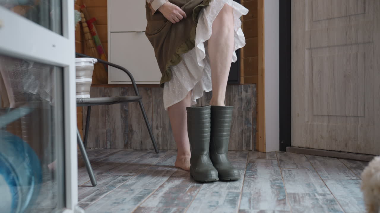 Woman standing barefoot on rustic wooden threshold holds black work boots near door while curious curly puppy with wagging tail explores cozy indoor space under soft natural light