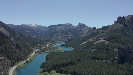 AERIAL---Limay-River-in-Valle-Encantado,-Patagonia,-Neuquen,-Argentina,-rising