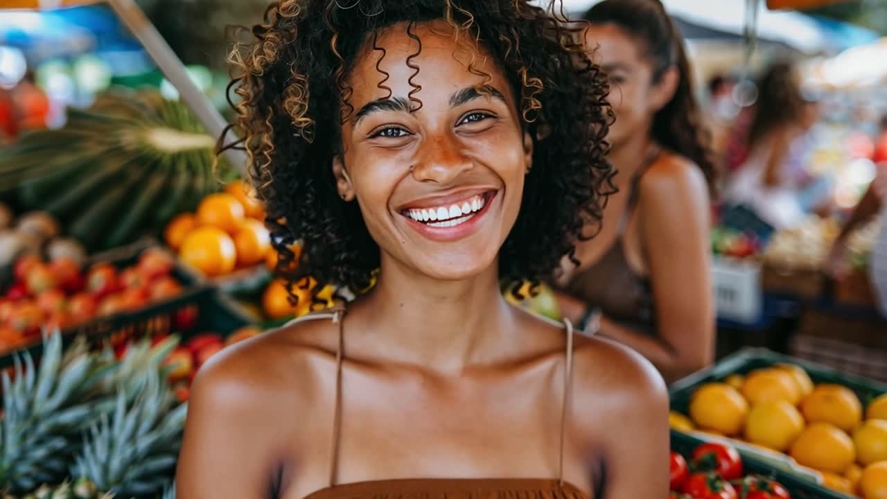 Mujer feliz en un vibrante mercado al aire libre