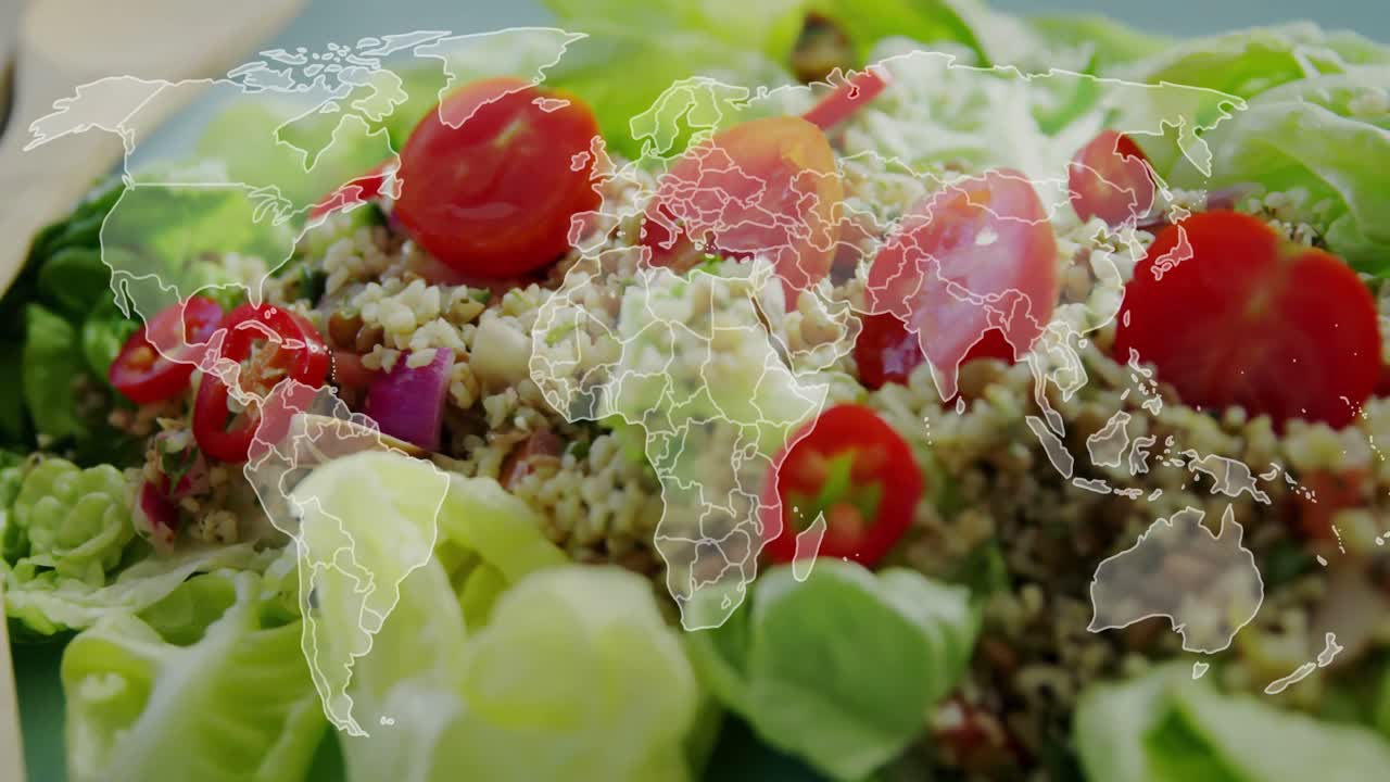 Sovrapposizione di mappa iniziale che emerge tracciando continenti su un'insalata con punti rossi pulsanti che mostrano un tema globale