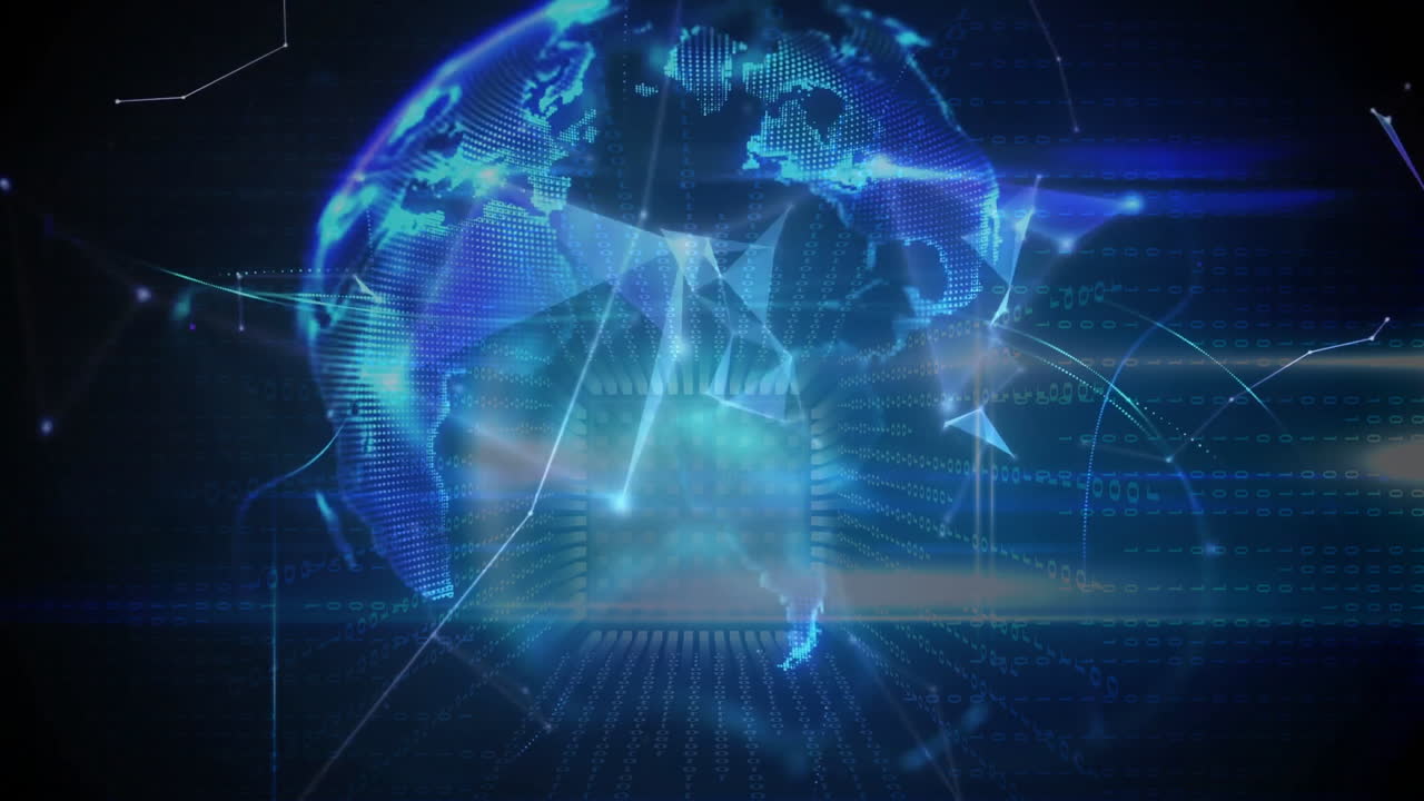 Digital globe with binary code and data processing animation in blue tones