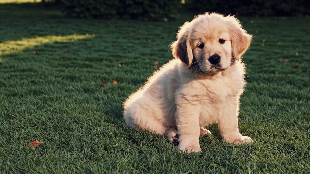 A cute golden retriever puppy sits on lush green grass, captured at eye level