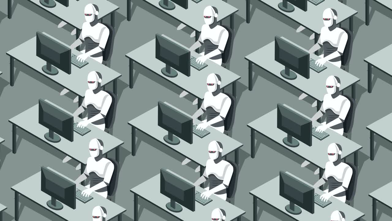 휴머노이드 로은 컴퓨터에서 작동합니다. 디스토피아 미래 개념 애니메이션