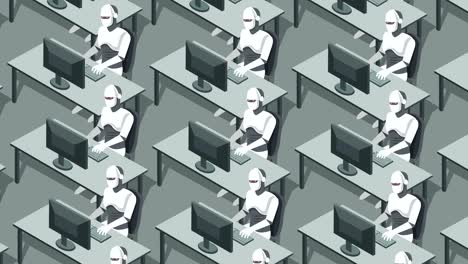 los robots humanoides trabajan en la computadora. animación de concepto futurista distópico