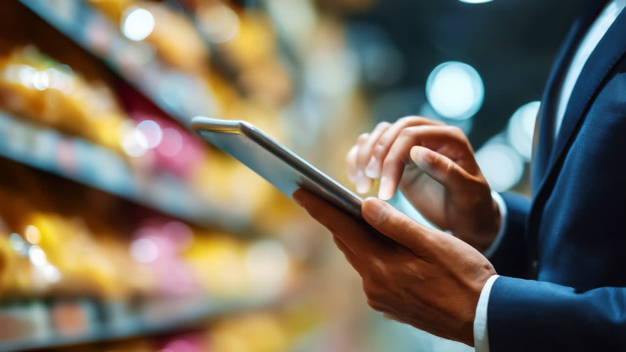 A Businessman Engaged in Digital Activity in an Aisle Full of Vibrant Products, Signifying the Fusion of Technology and Commerce in Today's Retail Environment