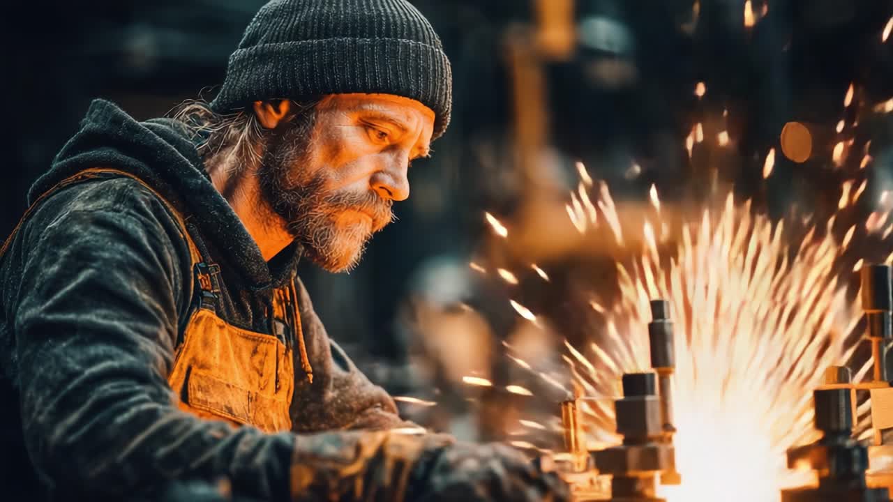 A Skilled Metalworker Focused on Precision Tasks Amidst Sparks and Tools in a Dimly Lit Workshop, Capturing the Essence of Craftsmanship and Hard Work