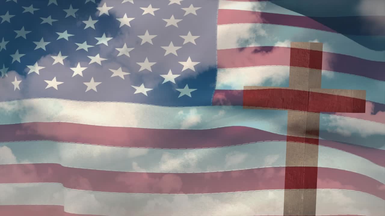Breeze shifting, causing US flag rippling over cross with floating woman's face against cloudy sky