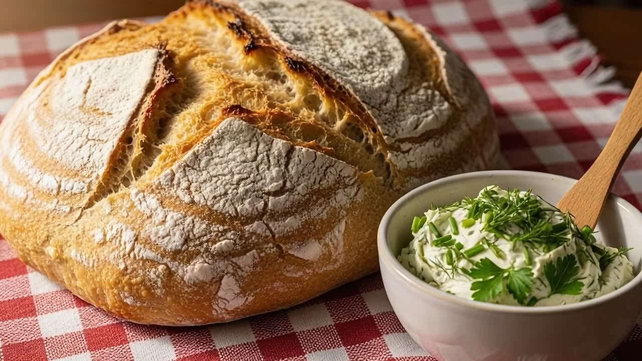 Freshly Baked Artisan Bread with Creamy Herb Spread on a Rustic Checkered Cloth, Capturing the Warmth and Simplicity of Homemade Goodness