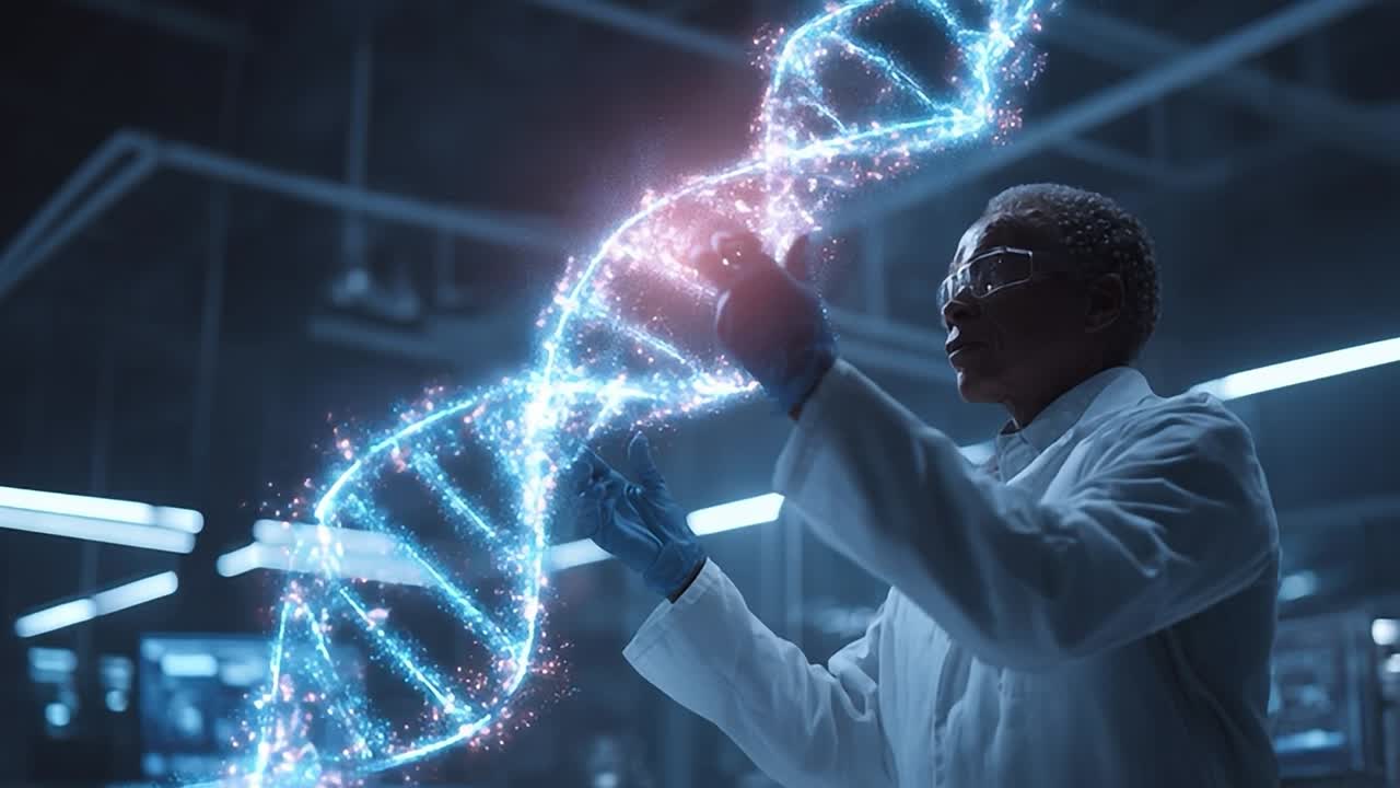 Scienziato che lavora con un modello di DNA digitale in laboratorio