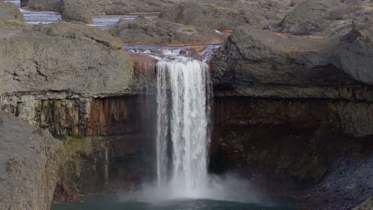 Closer aerial view of the iconic and touristic attraction of Agrio Waterfall, Caviahue, Caviahue-Copahue, Neuquén, Argentina