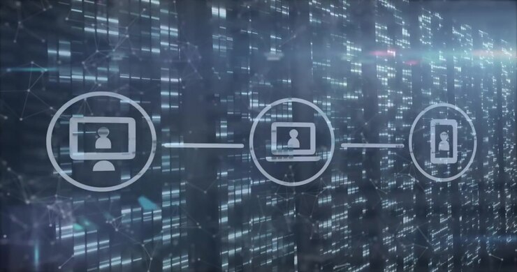 Animation of network of connections over moving columns on black background