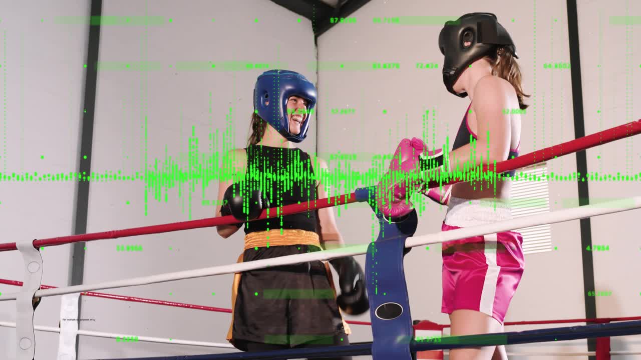 Two boxers tapping gloves in boxing ring, green waveform reacting to taps, preparing to spar