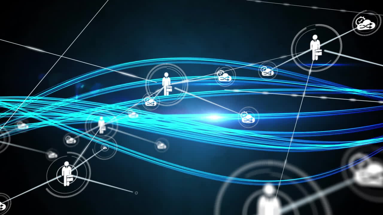 Network of connections and data processing animation over blue lines and icons