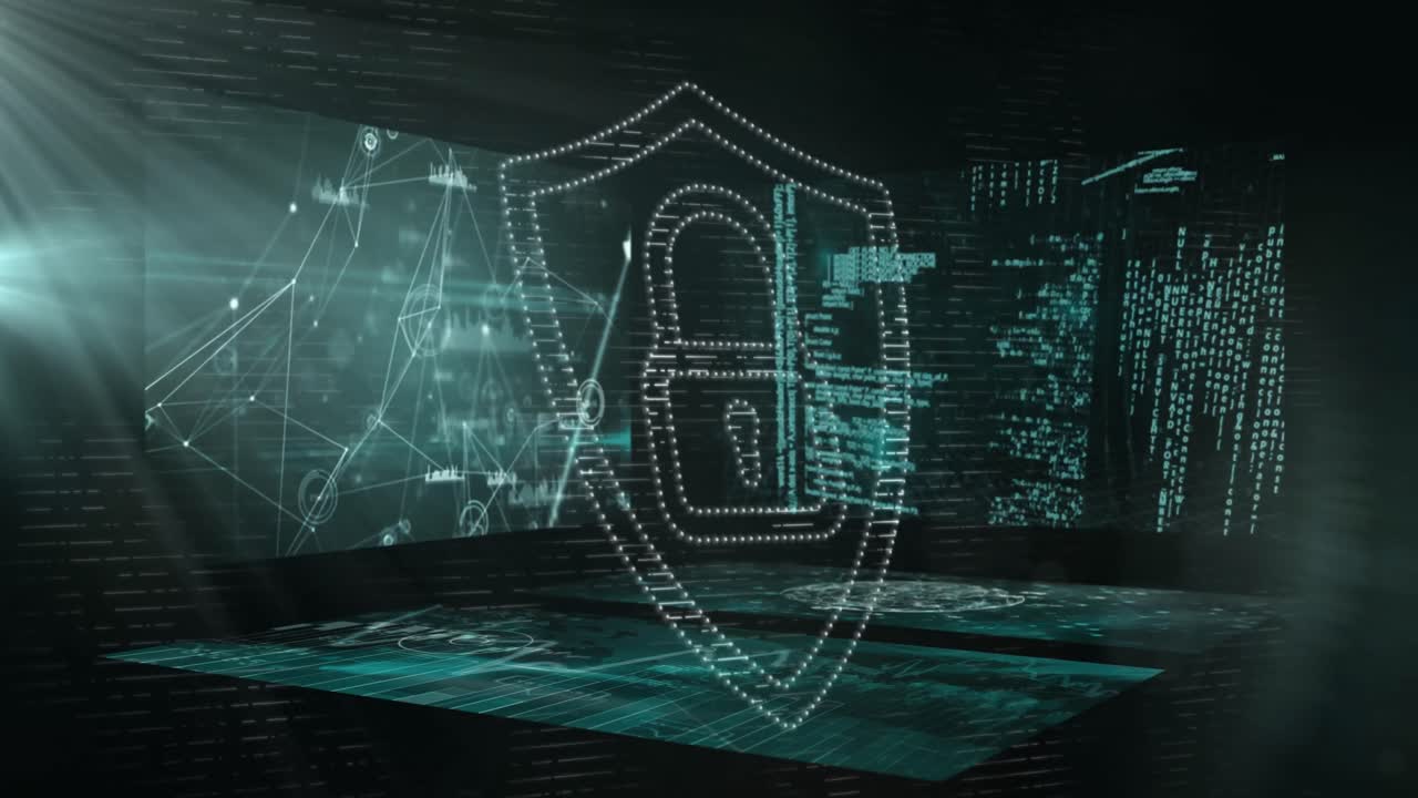 Animation of online security padlock over data processing on screens