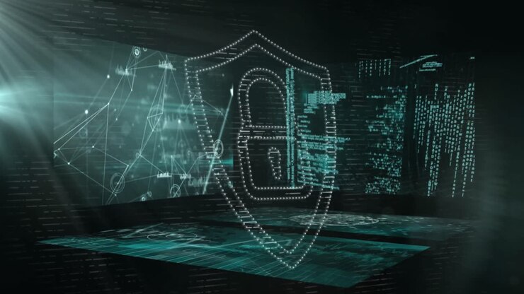 Animation of online security padlock over data processing on screens