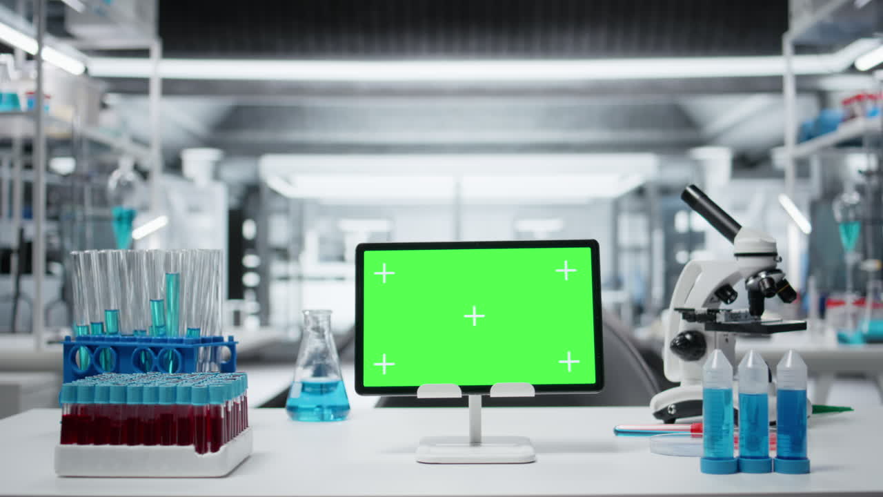Close up of green screen tablet on workbench in empty hospital laboratory