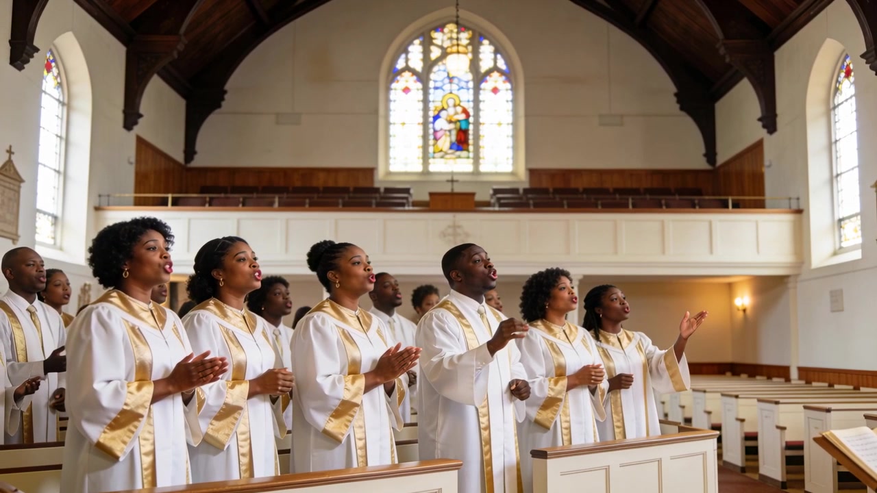 Singing choir hearing cue, swelling and raising hands in church worship white robes, stained-glass