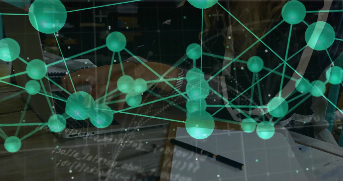 Tech professional typing on laptop and tapping clipboard while green network visualizing data flow