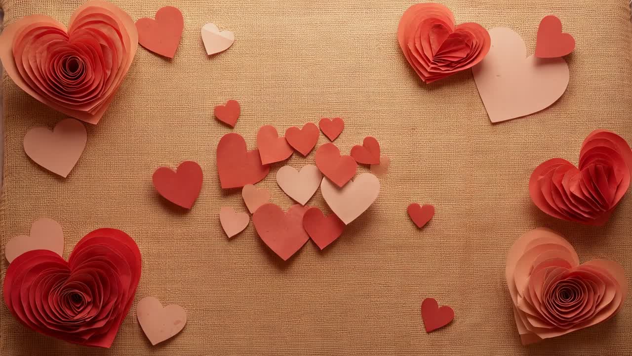 Cuori di carta che si spostano muovendosi verso l'interno mentre il gioco inizia sull'area di lavoro, formando un gruppo con rosette