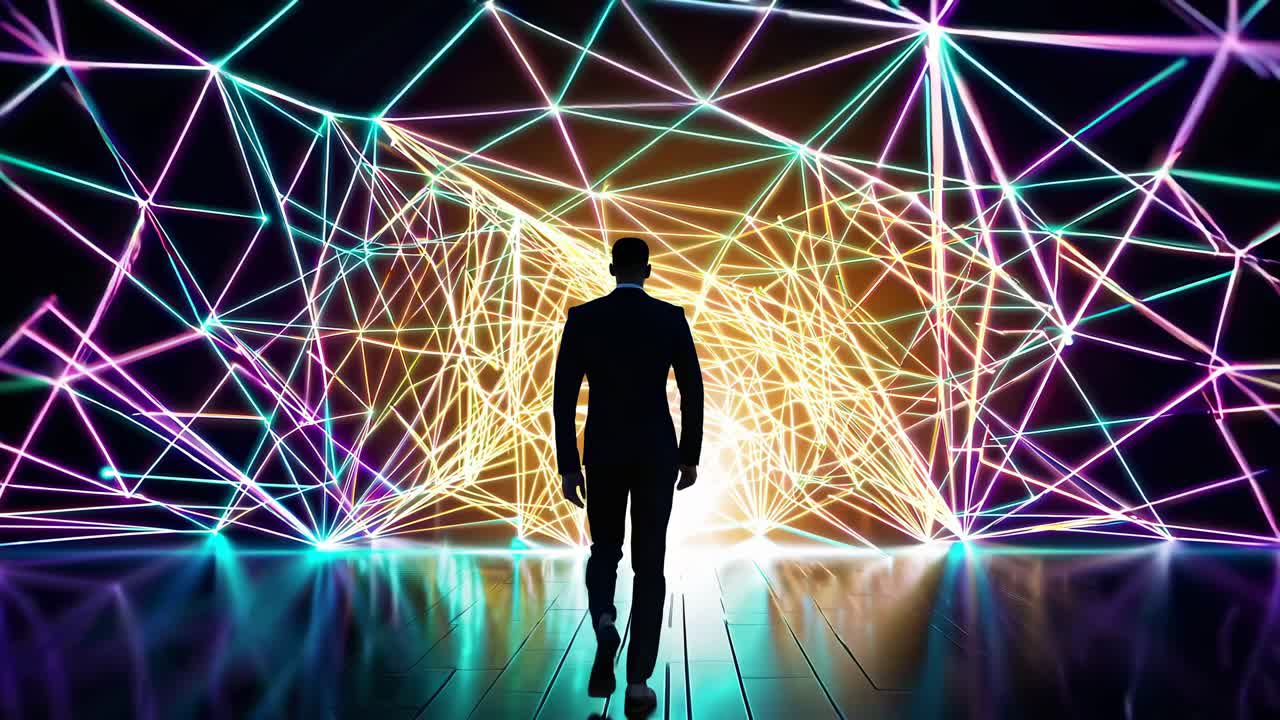 Businessman Walking Through a Digital Network Tunnel