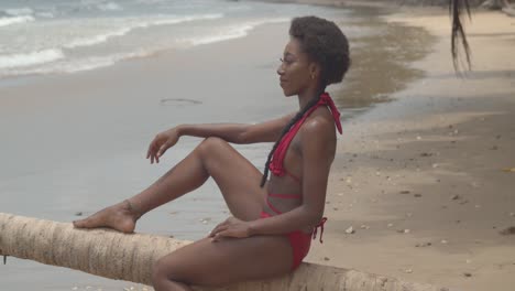 sexy african bikini model sitting on a log in the sand looking out at the crashing waves of the ocean