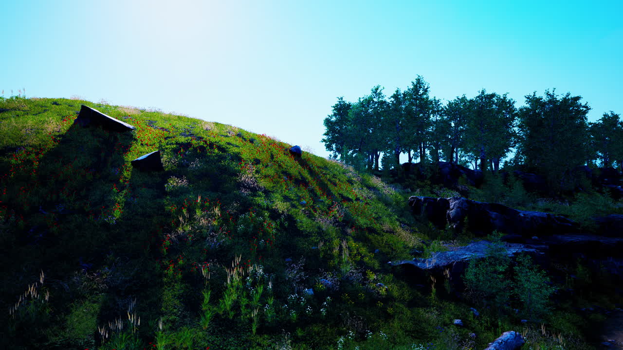 알프스 산맥 에 있는 신선 한 녹색 초원 과 꽃 이 피는 아름다운 풍경