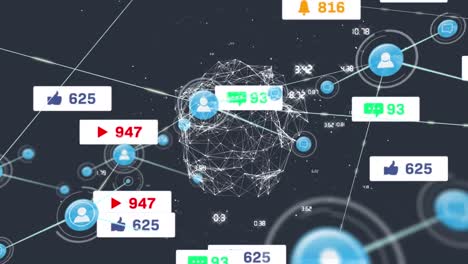 Animation-of-network-of-connections-with-icons-over-globe-with-data-processing